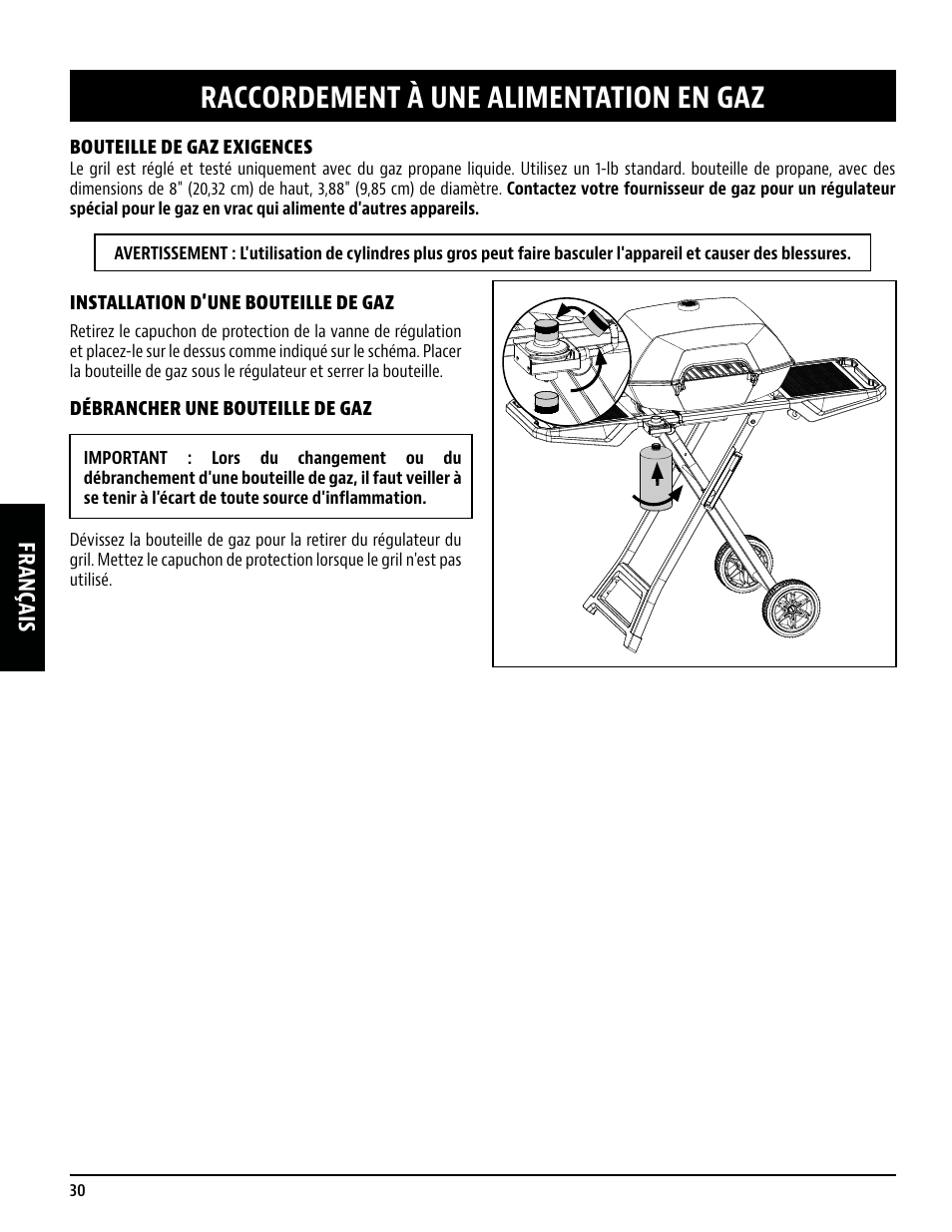 Raccordement à une alimentation en gaz, Français | Pit Boss 45 Inch Portable Gas Grill Owners Guide User Manual | Page 30 / 40