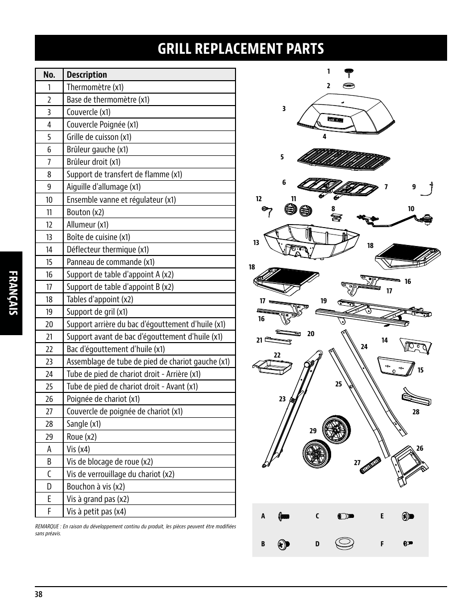 Grill replacement parts, Français | Pit Boss 45 Inch Portable Gas Grill Owners Guide User Manual | Page 38 / 40