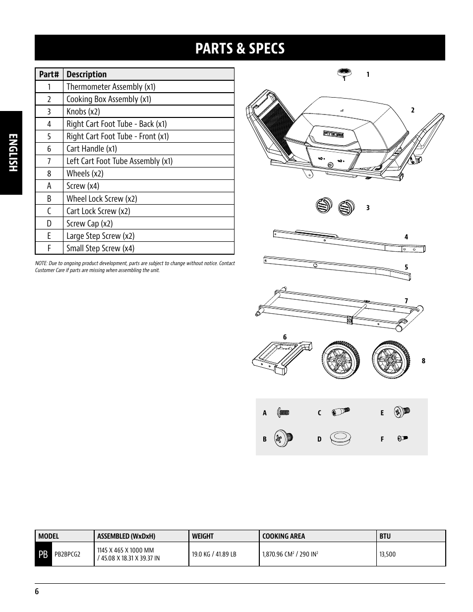 Parts & specs, English | Pit Boss 45 Inch Portable Gas Grill Owners Guide User Manual | Page 6 / 40