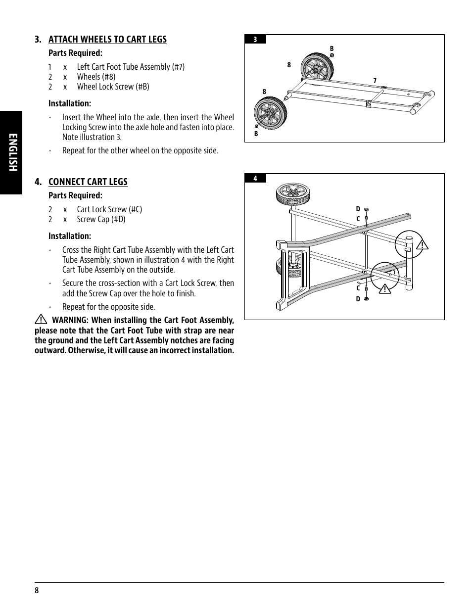 English, Attach wheels to cart legs, Connect cart legs | Pit Boss 45 Inch Portable Gas Grill Owners Guide User Manual | Page 8 / 40