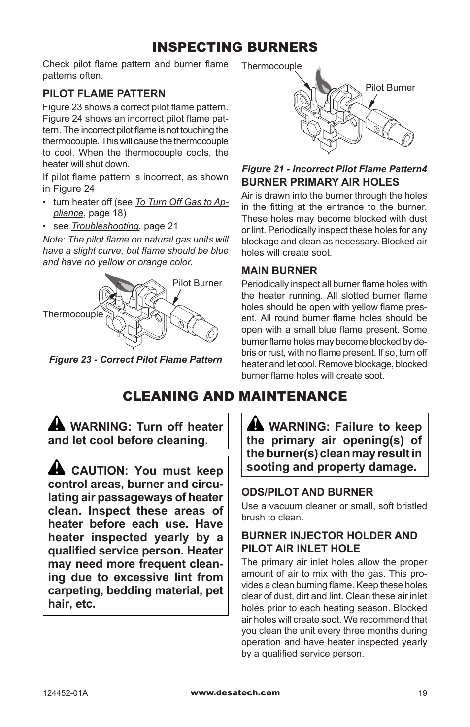 Inspecting burners, Cleaning and maintenance | Desa VyS18NC User Manual | Page 19 / 32