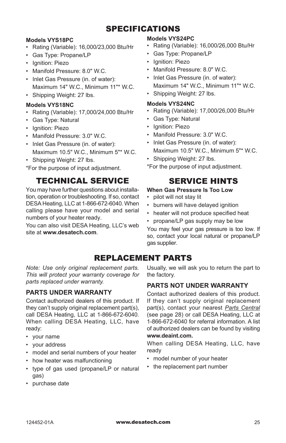 Specifications, Technical service, Service hints | Replacement parts, Specifications technical service | Desa VyS18NC User Manual | Page 25 / 32