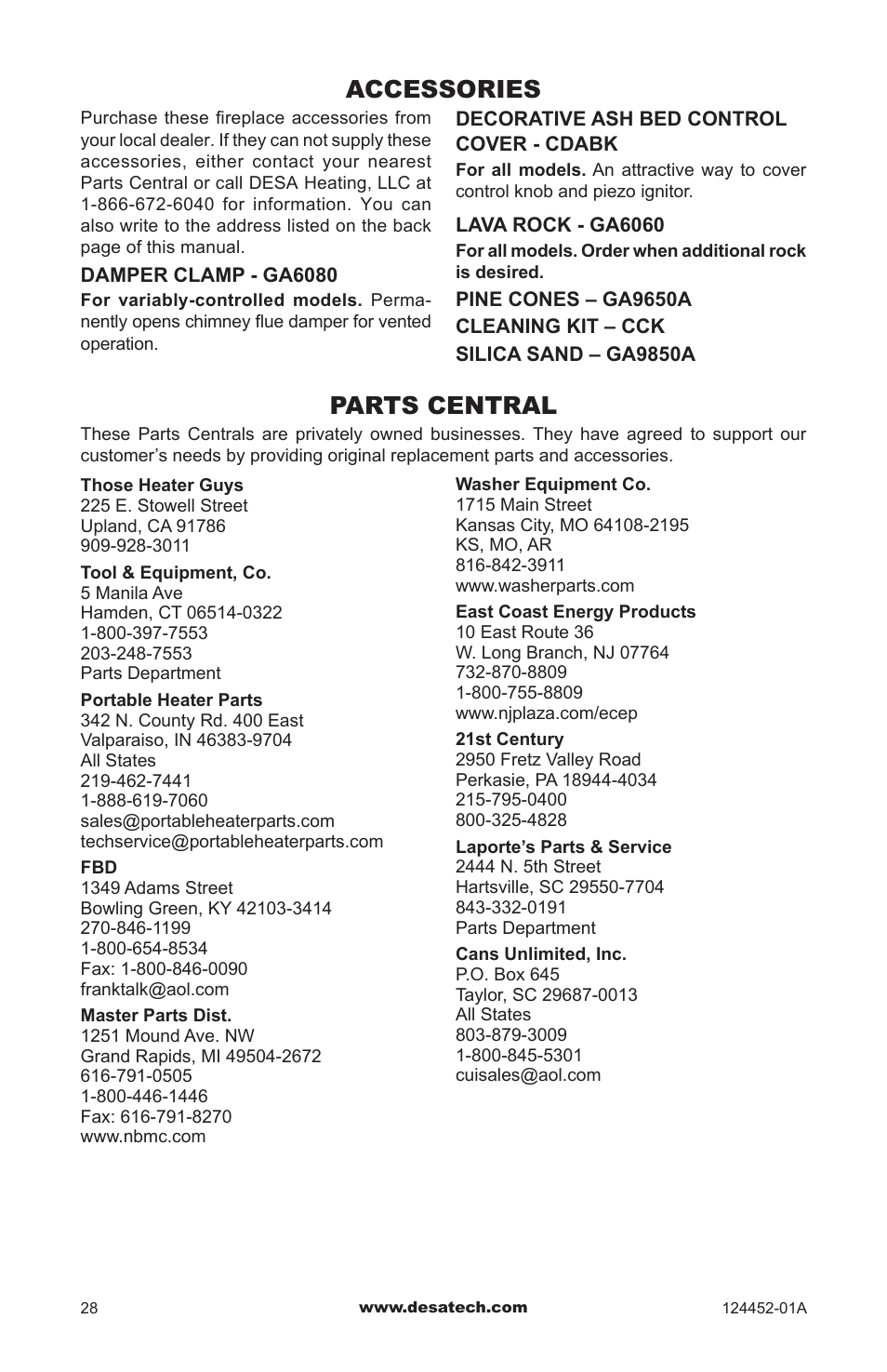Accessories, Parts central | Desa VyS18NC User Manual | Page 28 / 32