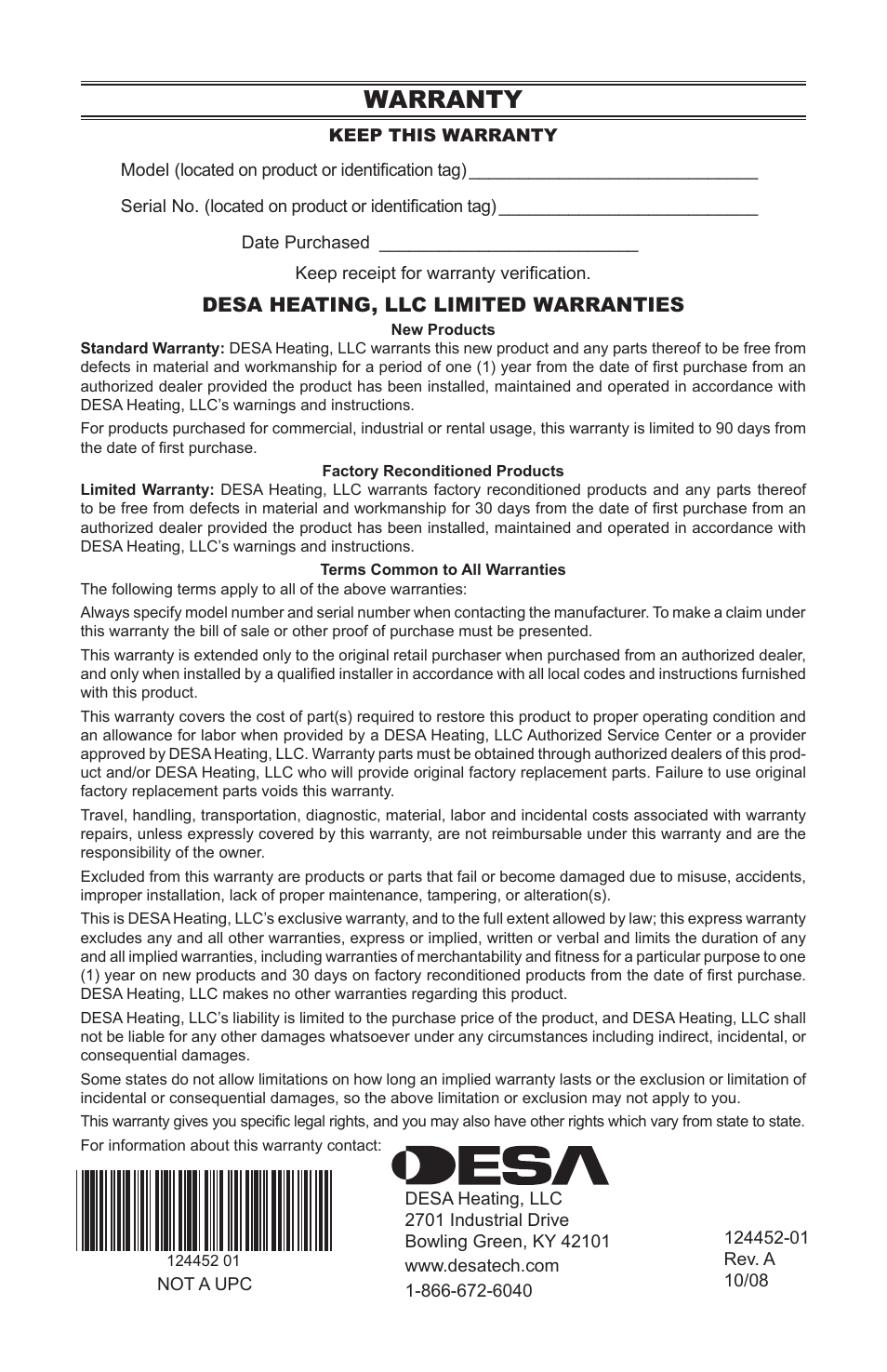 Warranty | Desa VyS18NC User Manual | Page 32 / 32