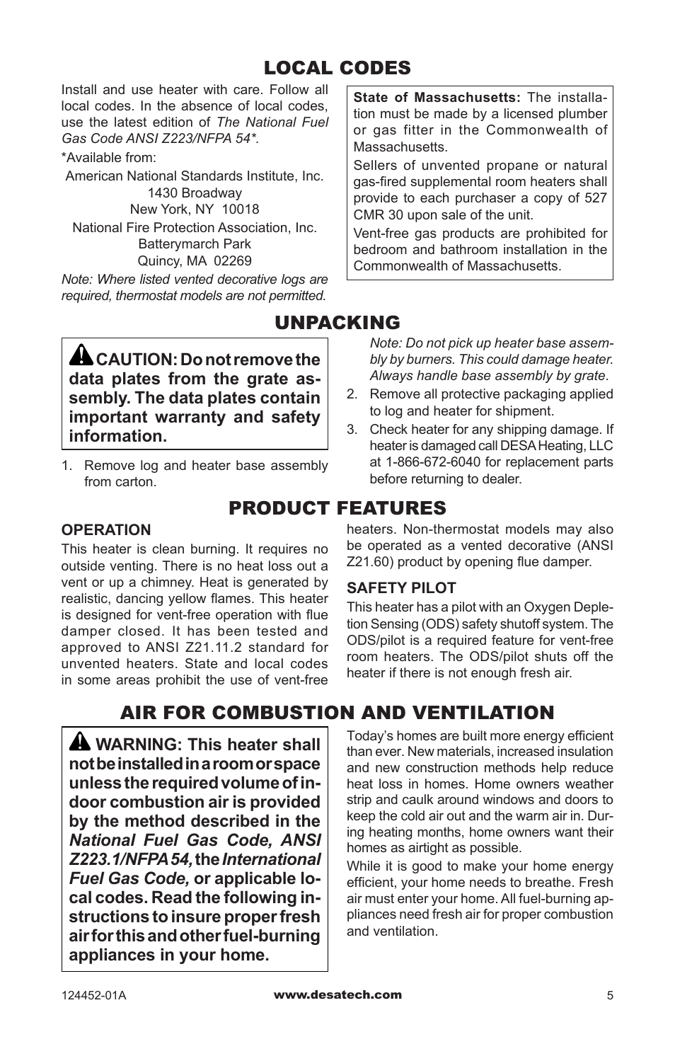 Local codes, Unpacking, Product features | Air for combustion and ventilation | Desa VyS18NC User Manual | Page 5 / 32