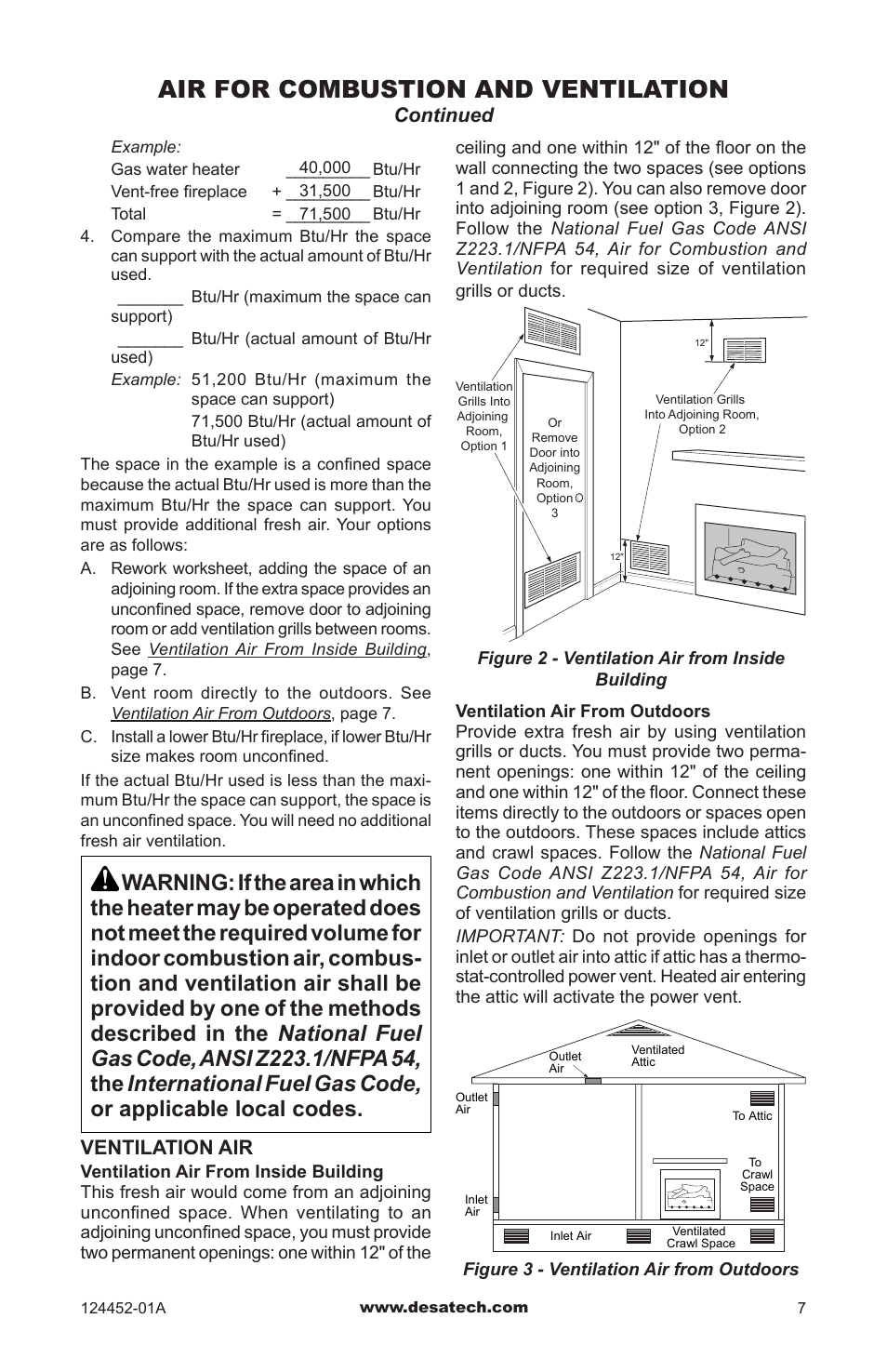Air for combustion and ventilation, Ventilation air, Continued | Desa VyS18NC User Manual | Page 7 / 32