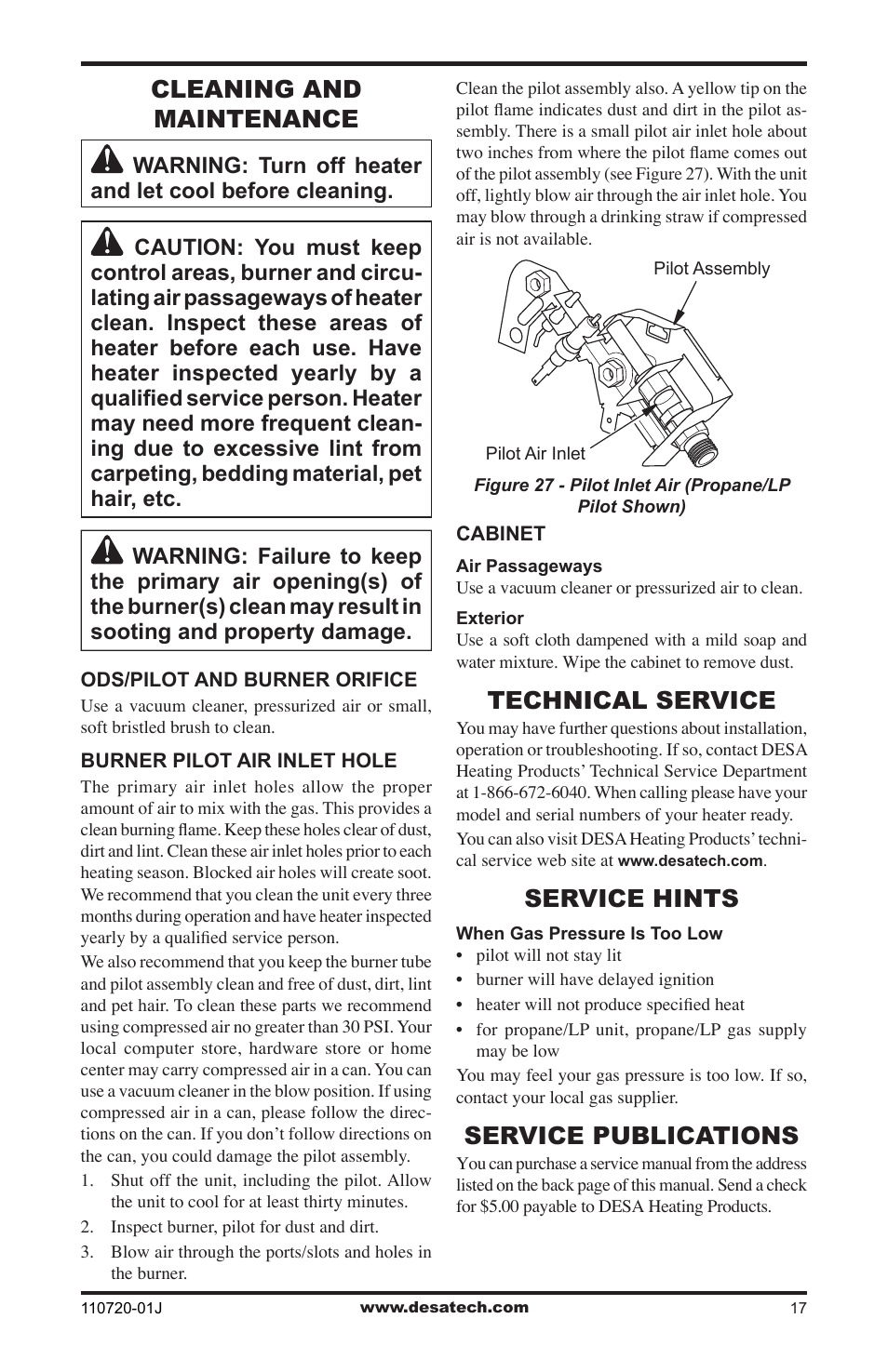 Cleaning and maintenance, Technical service, Service hints | Service publications | Desa VN600BA User Manual | Page 17 / 28