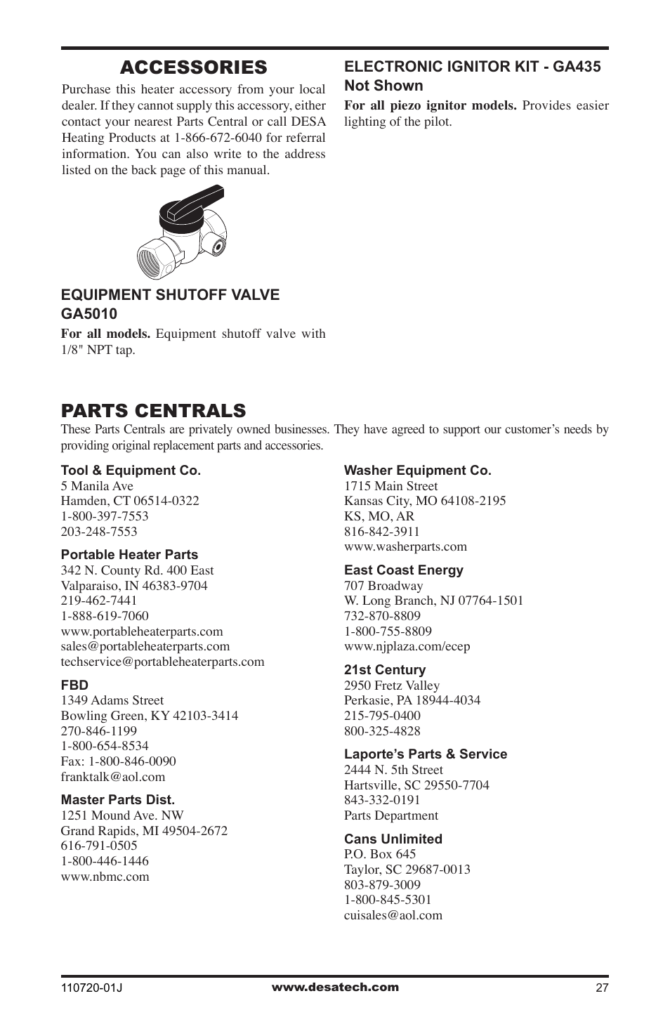 Accessories, Parts centrals | Desa VN600BA User Manual | Page 27 / 28