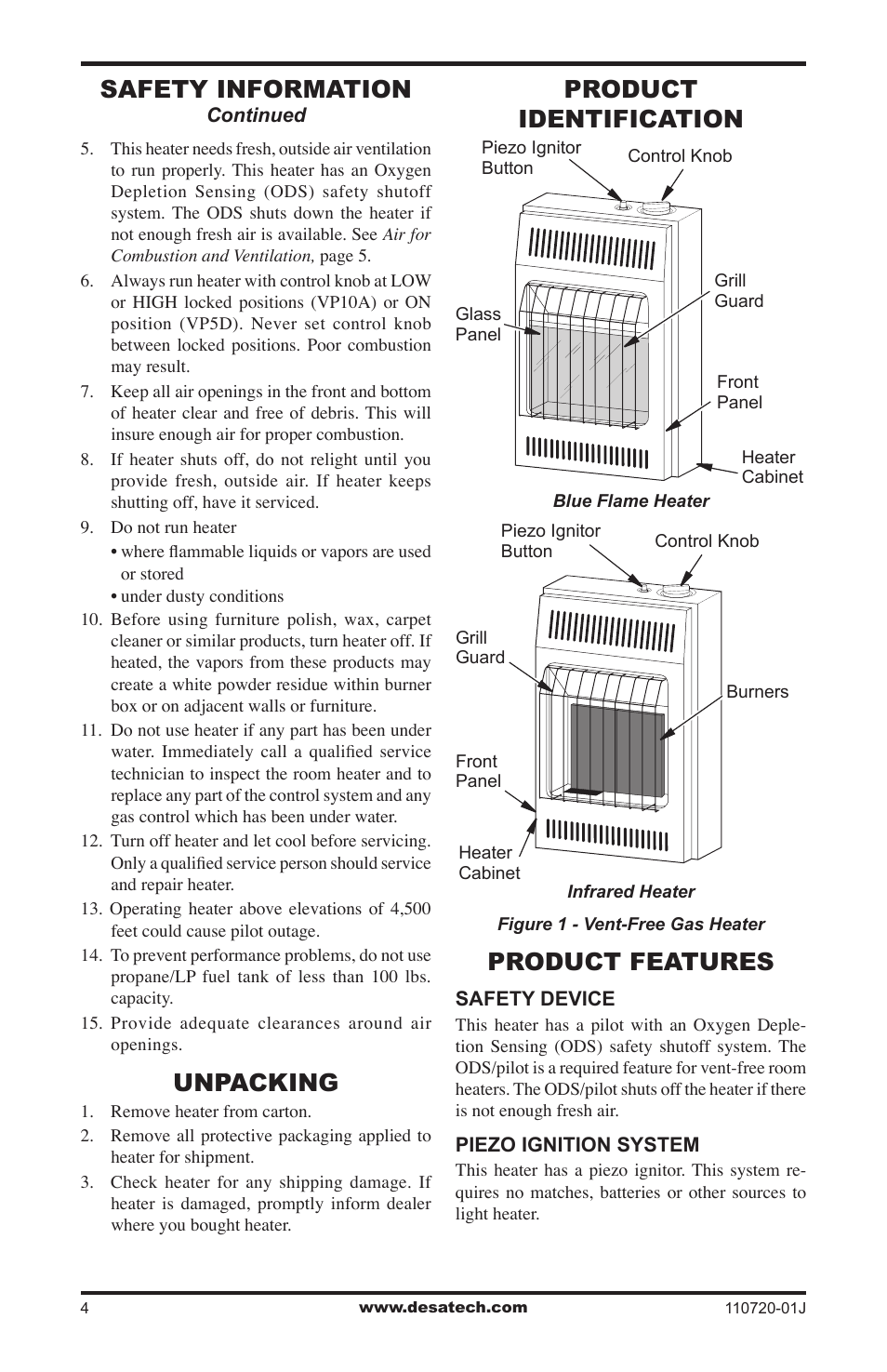 Unpacking, Product identification, Product features | Safety information, Product identification product features | Desa VN600BA User Manual | Page 4 / 28