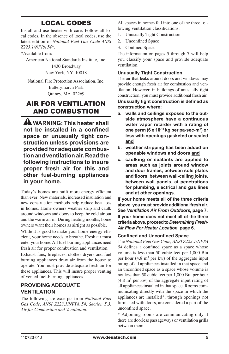 Local codes, Air for ventilation and combustion | Desa VN600BA User Manual | Page 5 / 28