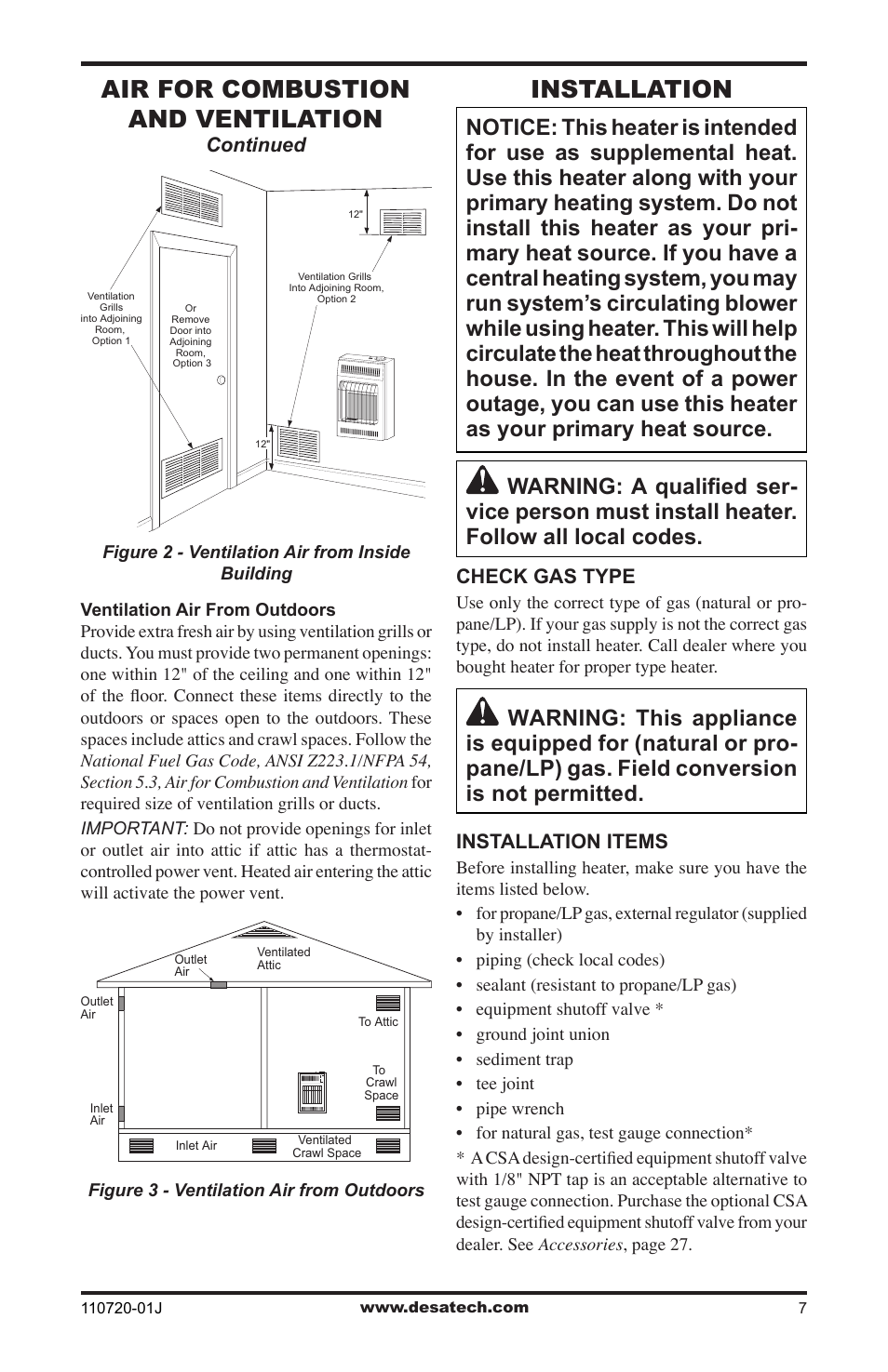 Installation, Air for combustion and ventilation | Desa VN600BA User Manual | Page 7 / 28
