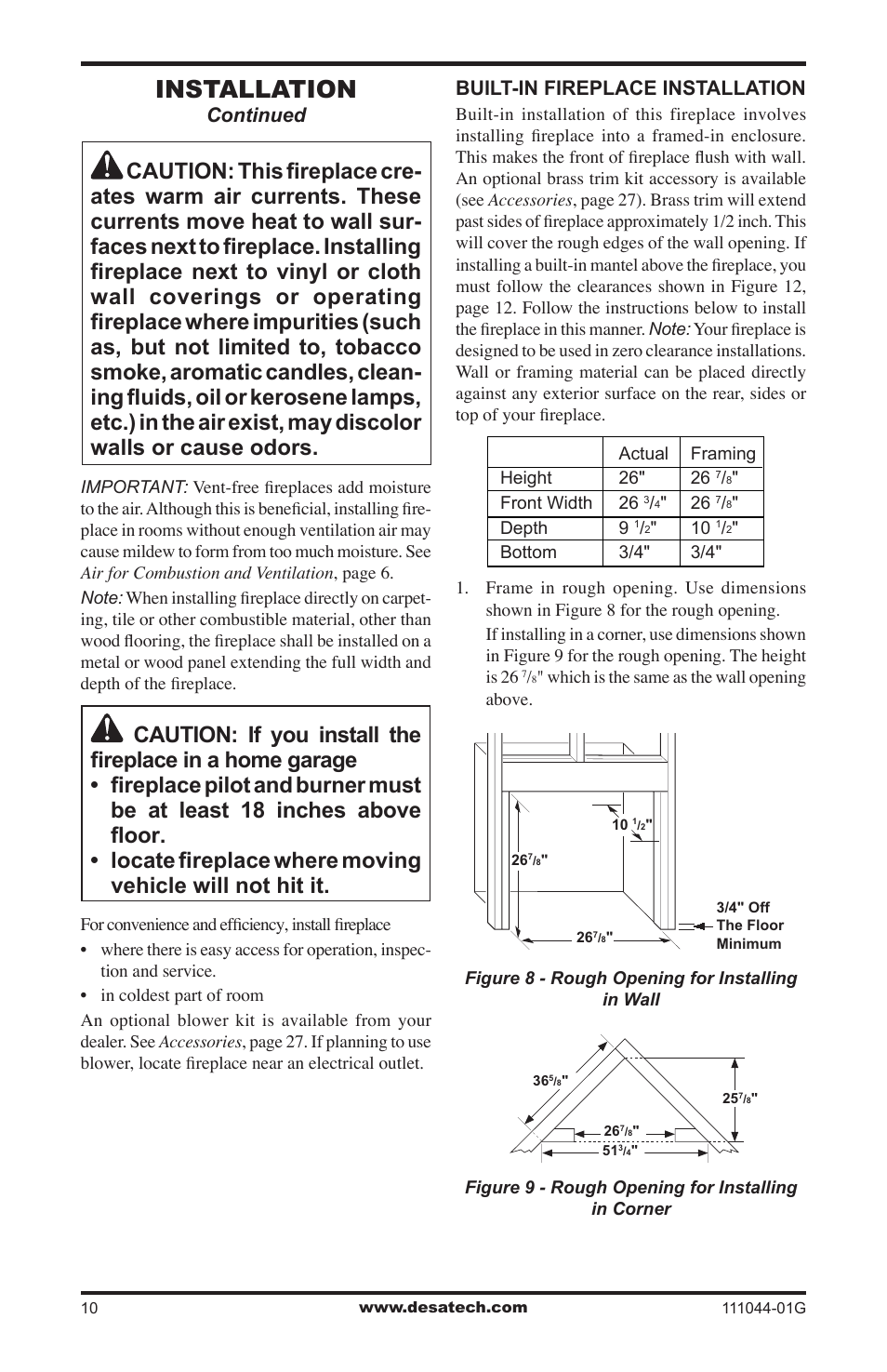Installation, Built-in fireplace installation, Continued | Desa CGCFTN User Manual | Page 10 / 32