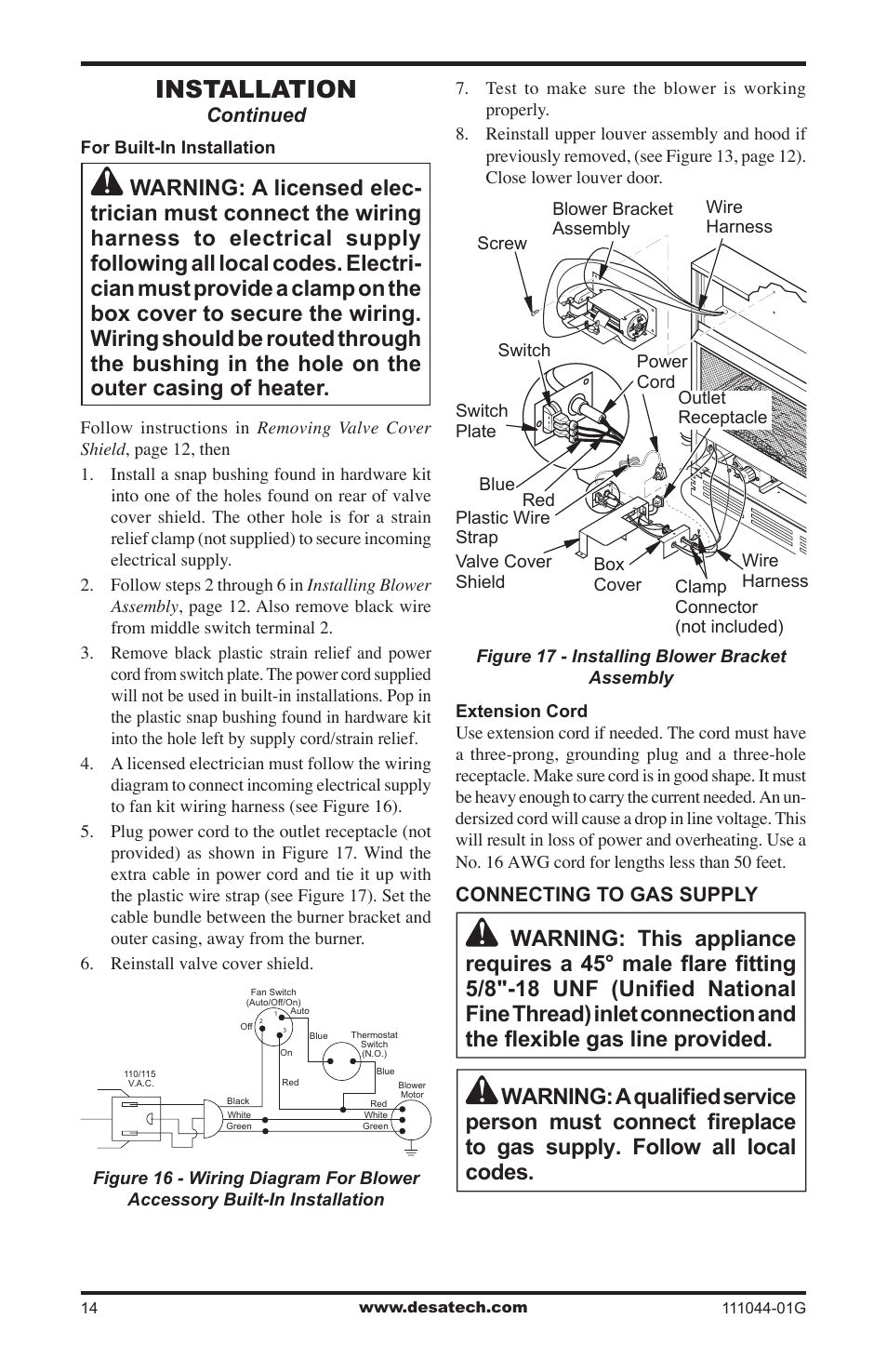 Installation, Continued, Connecting to gas supply | Desa CGCFTN User Manual | Page 14 / 32