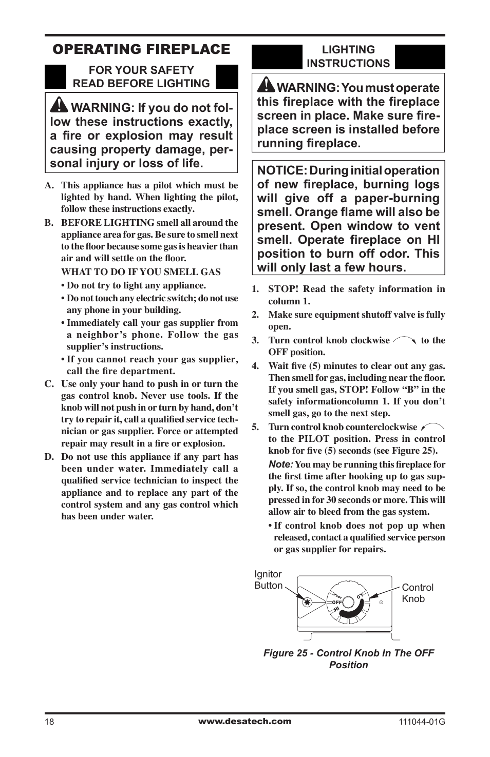 Operating fireplace | Desa CGCFTN User Manual | Page 18 / 32