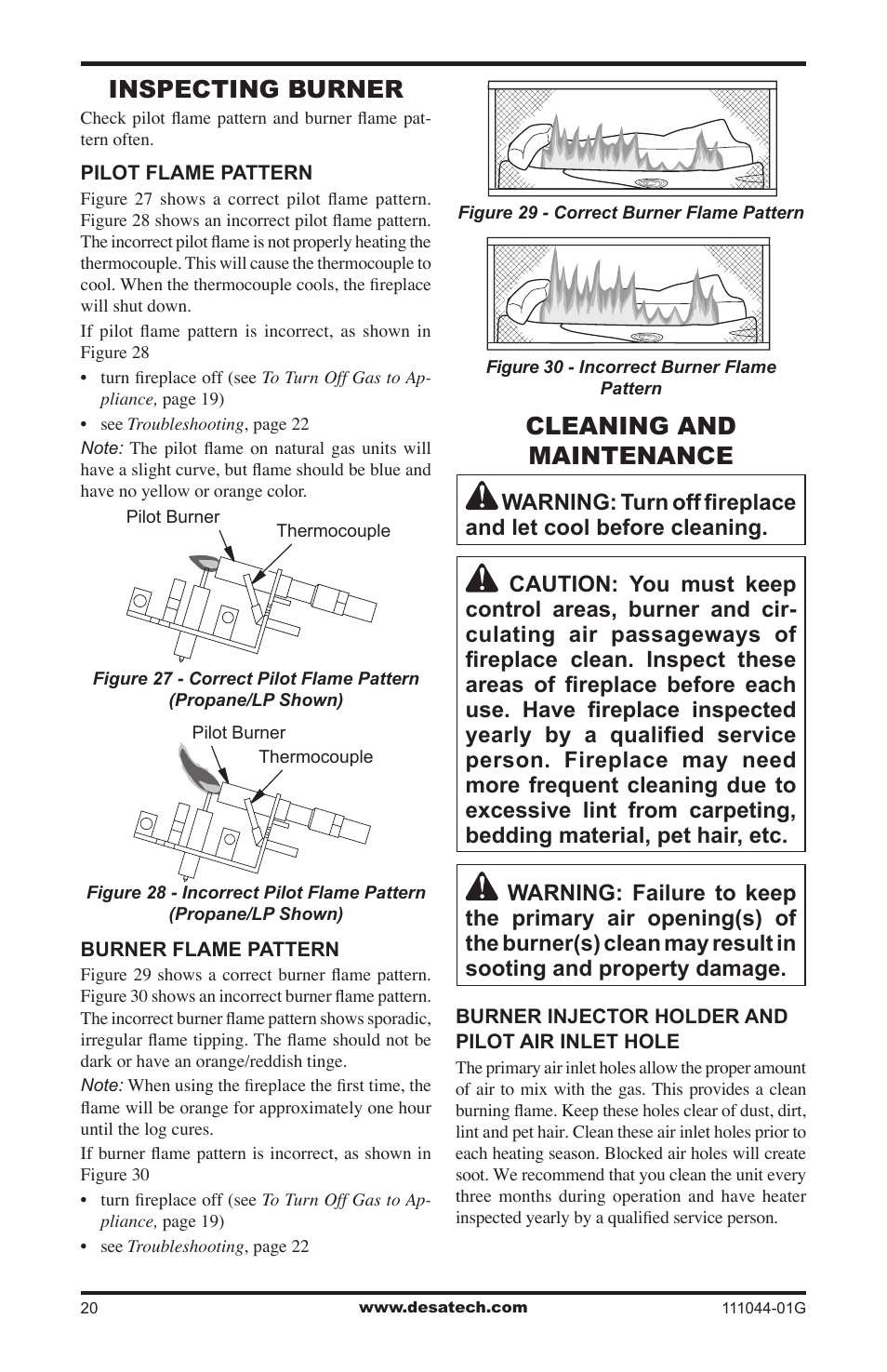 Inspecting burner, Cleaning and maintenance | Desa CGCFTN User Manual | Page 20 / 32