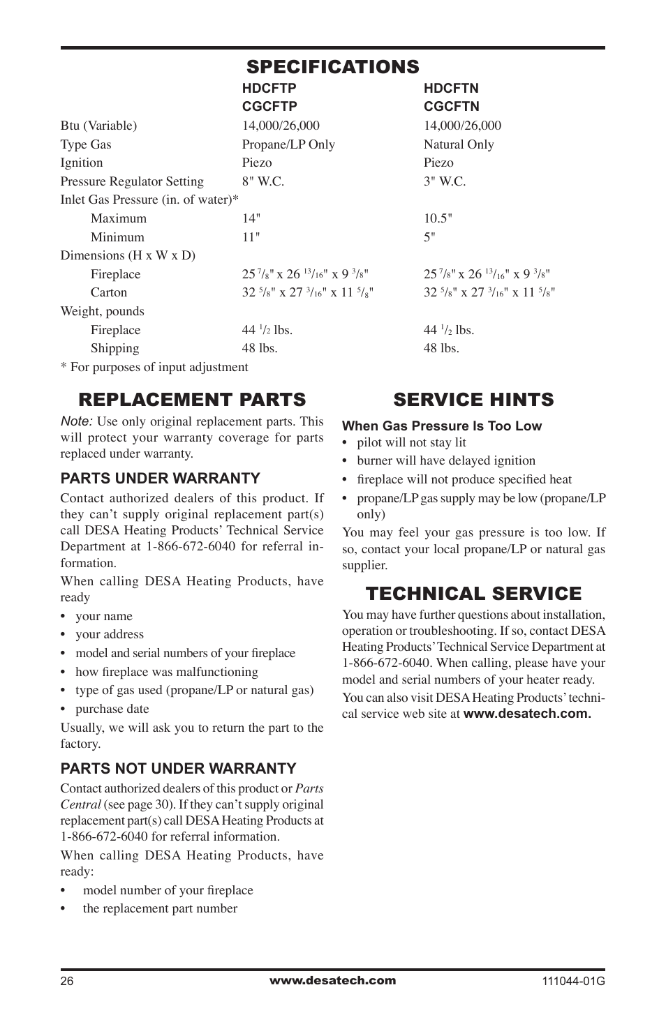 Specifications, Replacement parts, Service hints | Technical service, Parts under warranty, Parts not under warranty | Desa CGCFTN User Manual | Page 26 / 32