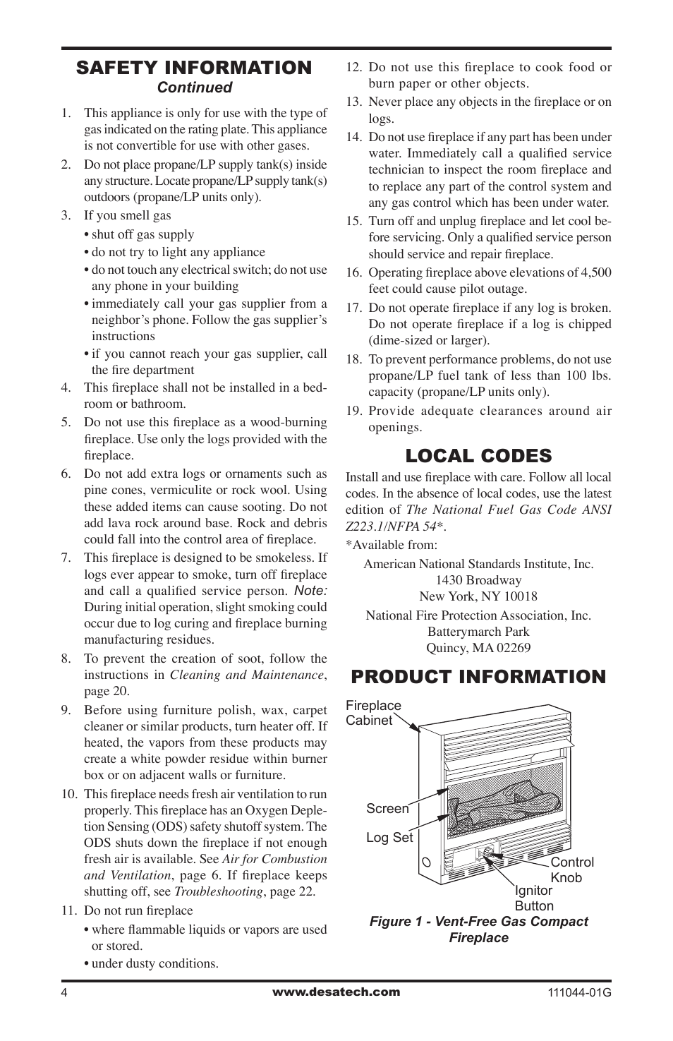 Local codes, Product information, Safety information | Desa CGCFTN User Manual | Page 4 / 32