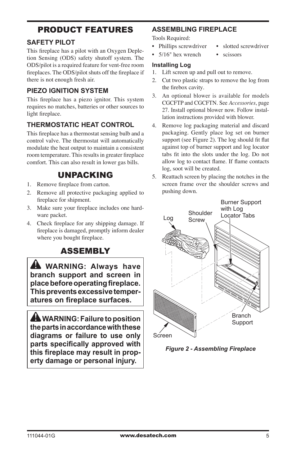 Product features, Unpacking, Assembly | Desa CGCFTN User Manual | Page 5 / 32