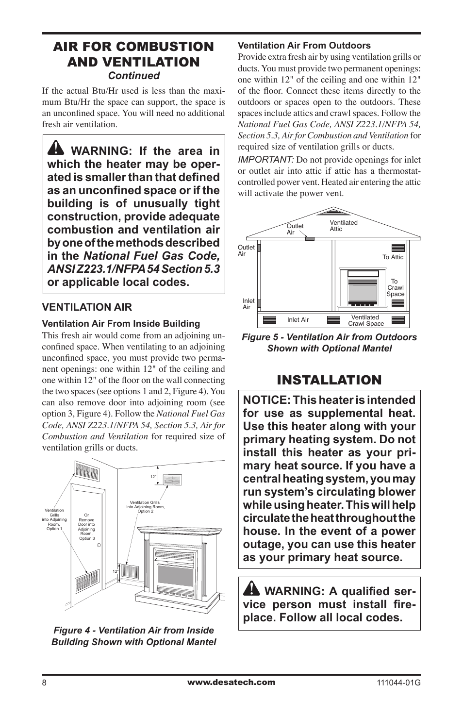 Installation, Air for combustion and ventilation | Desa CGCFTN User Manual | Page 8 / 32
