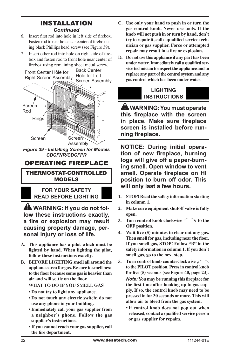Operating fireplace, Installation | Desa DCFTNA User Manual | Page 22 / 48