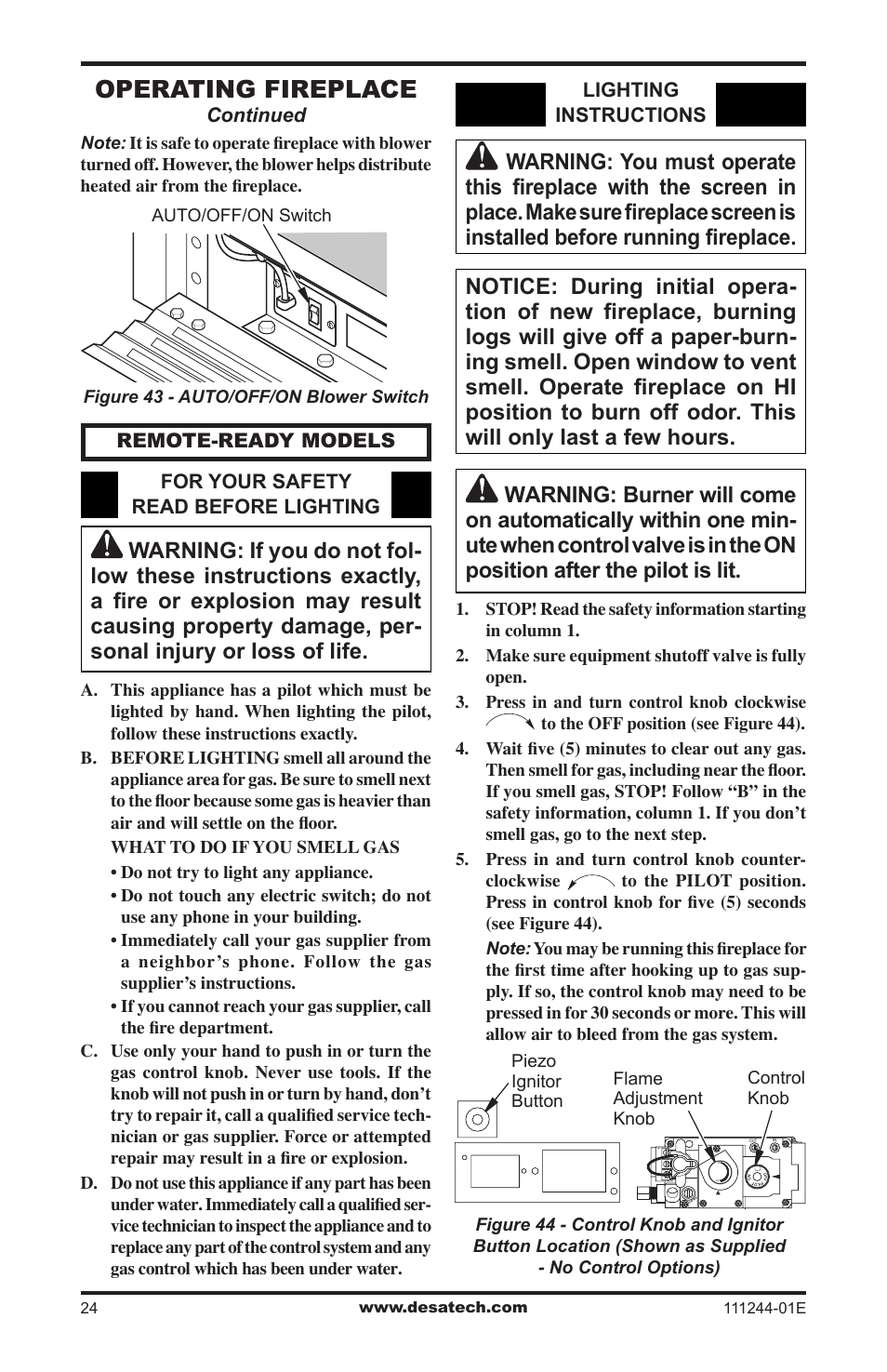 Operating fireplace | Desa DCFTNA User Manual | Page 24 / 48