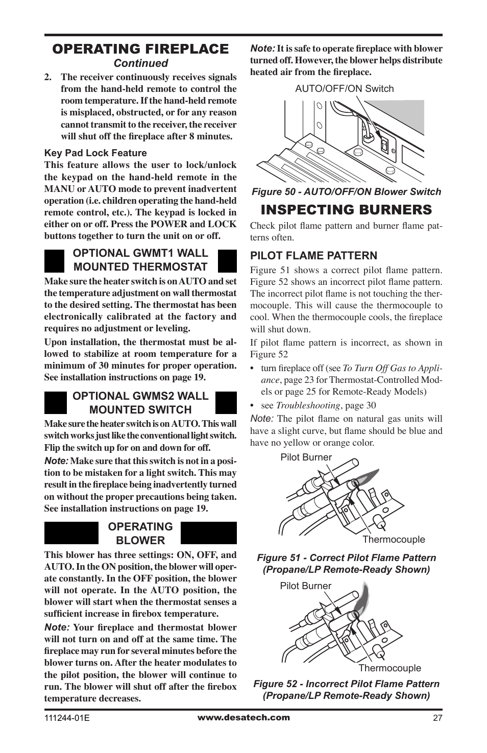 Inspecting burners, Operating fireplace | Desa DCFTNA User Manual | Page 27 / 48