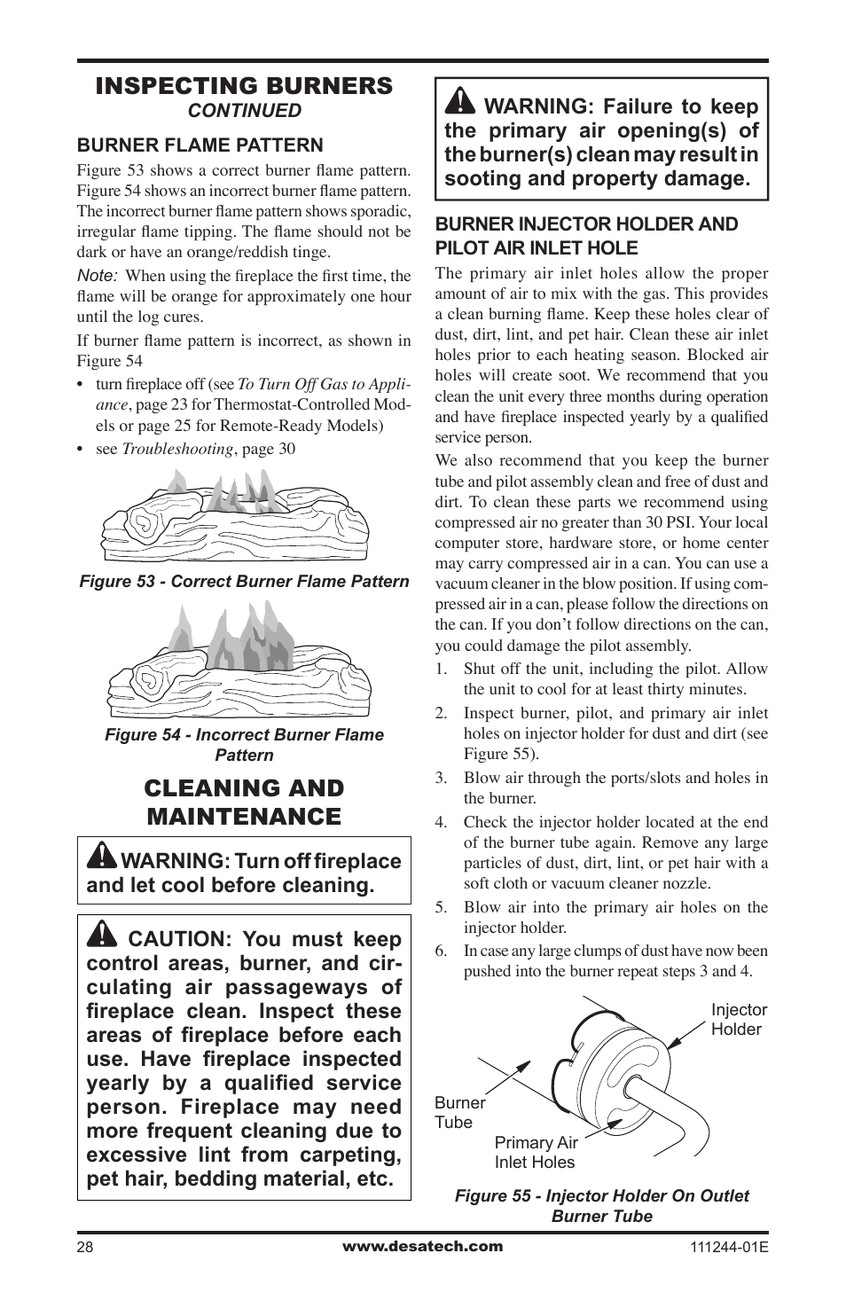 Cleaning and maintenance, Inspecting burners | Desa DCFTNA User Manual | Page 28 / 48