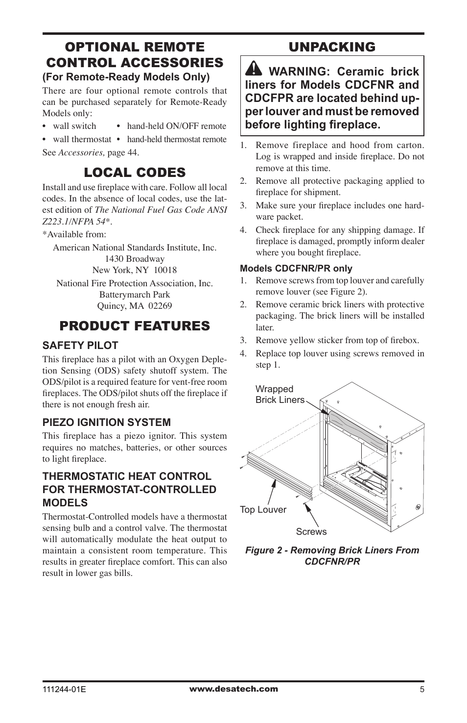Optional remote control accessories, Local codes, Product features | Unpacking | Desa DCFTNA User Manual | Page 5 / 48