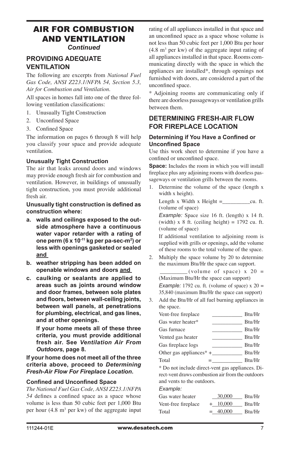 Air for combustion and ventilation | Desa DCFTNA User Manual | Page 7 / 48