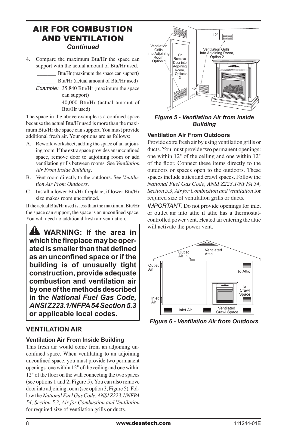 Air for combustion and ventilation, Continued, Ventilation air | Desa DCFTNA User Manual | Page 8 / 48