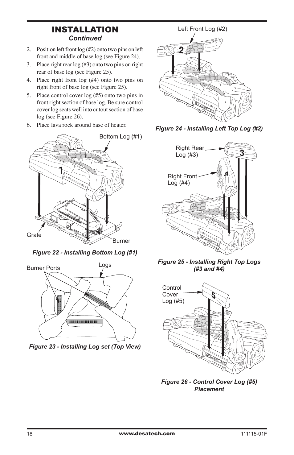 Installation, Continued, Control cover log (#5) | Desa VML27PR User Manual | Page 18 / 32