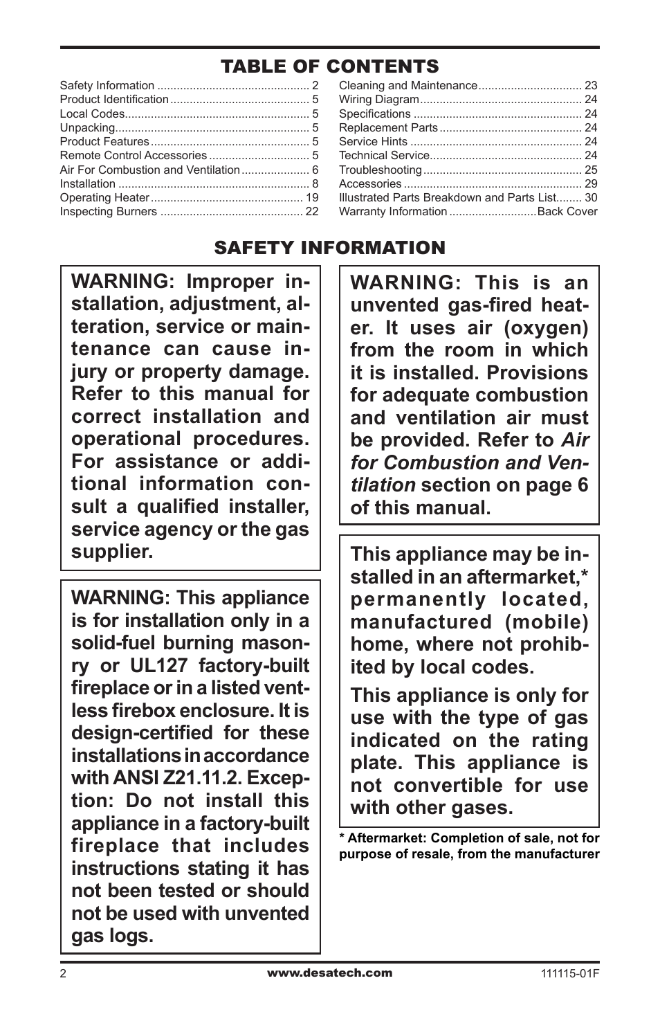 Safety information, Safety information table of contents | Desa VML27PR User Manual | Page 2 / 32