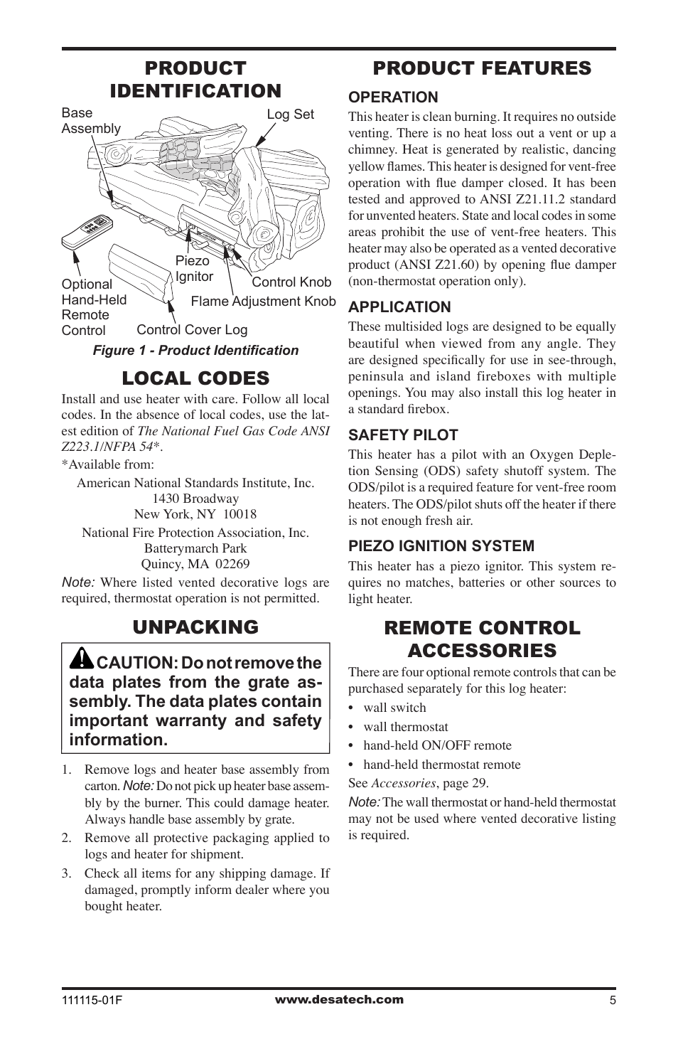Product identification, Local codes, Unpacking | Product features, Remote control accessories | Desa VML27PR User Manual | Page 5 / 32