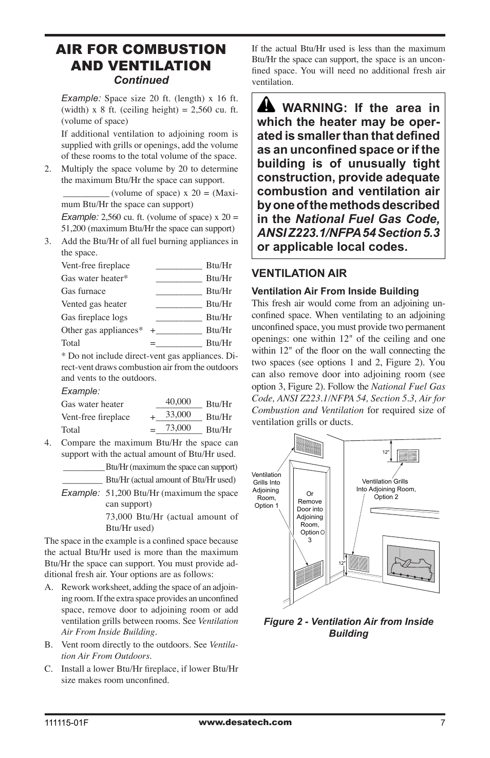 Air for combustion and ventilation | Desa VML27PR User Manual | Page 7 / 32