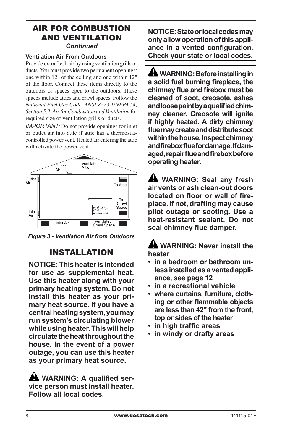Installation, Air for combustion and ventilation | Desa VML27PR User Manual | Page 8 / 32