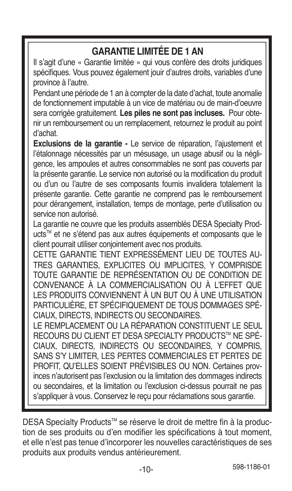 Garantie limitée de 1 an | Desa TRINE 598-1186-01 User Manual | Page 10 / 16