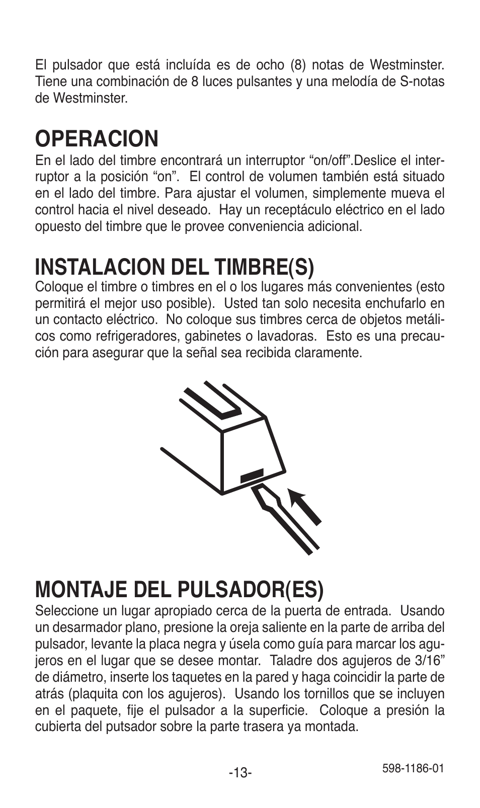 Operacion, Instalacion del timbre(s), Montaje del pulsador(es) | Desa TRINE 598-1186-01 User Manual | Page 13 / 16