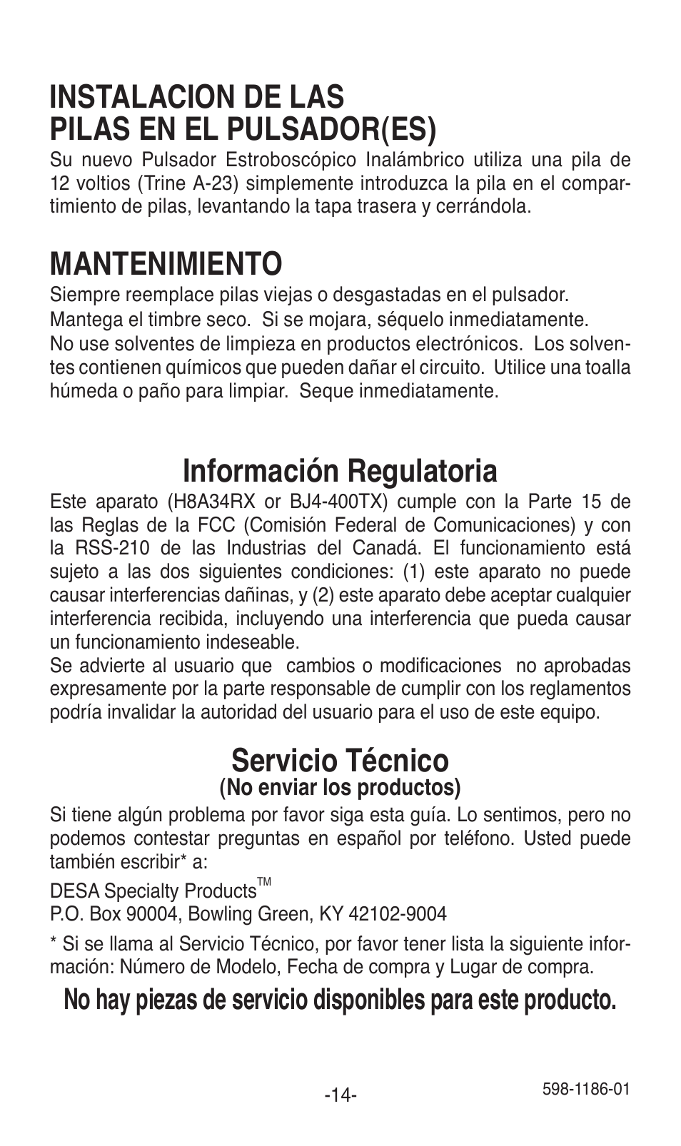 Instalacion de las pilas en el pulsador(es), Mantenimiento, Información regulatoria | Servicio técnico | Desa TRINE 598-1186-01 User Manual | Page 14 / 16