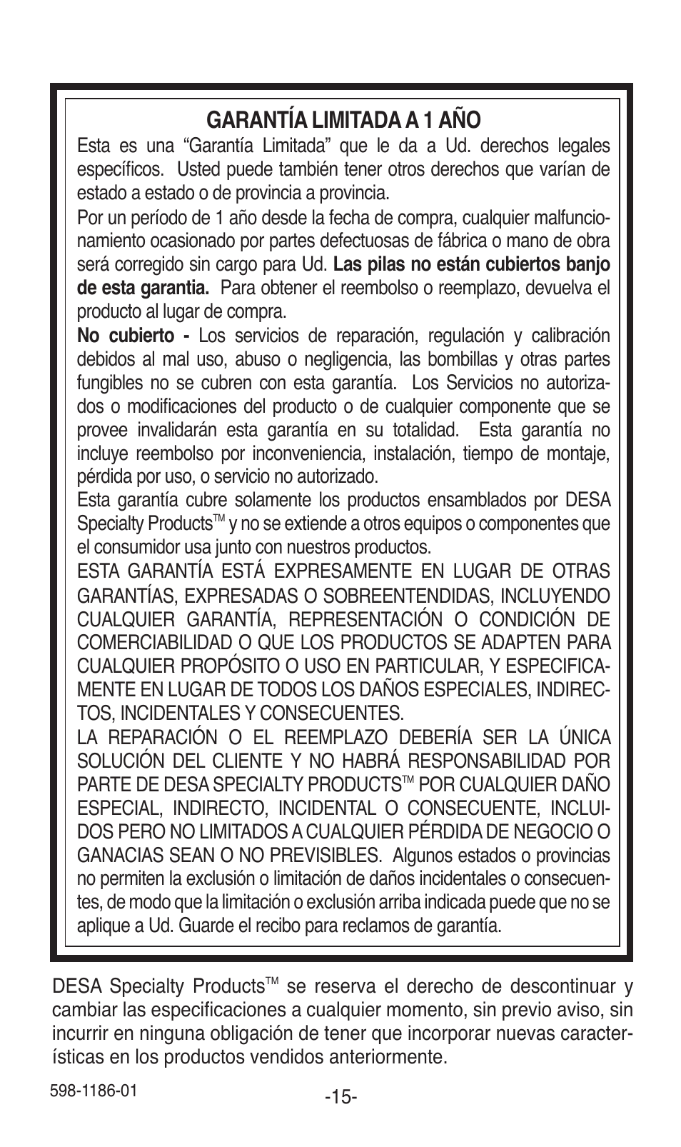 Garantía limitada a 1 año | Desa TRINE 598-1186-01 User Manual | Page 15 / 16