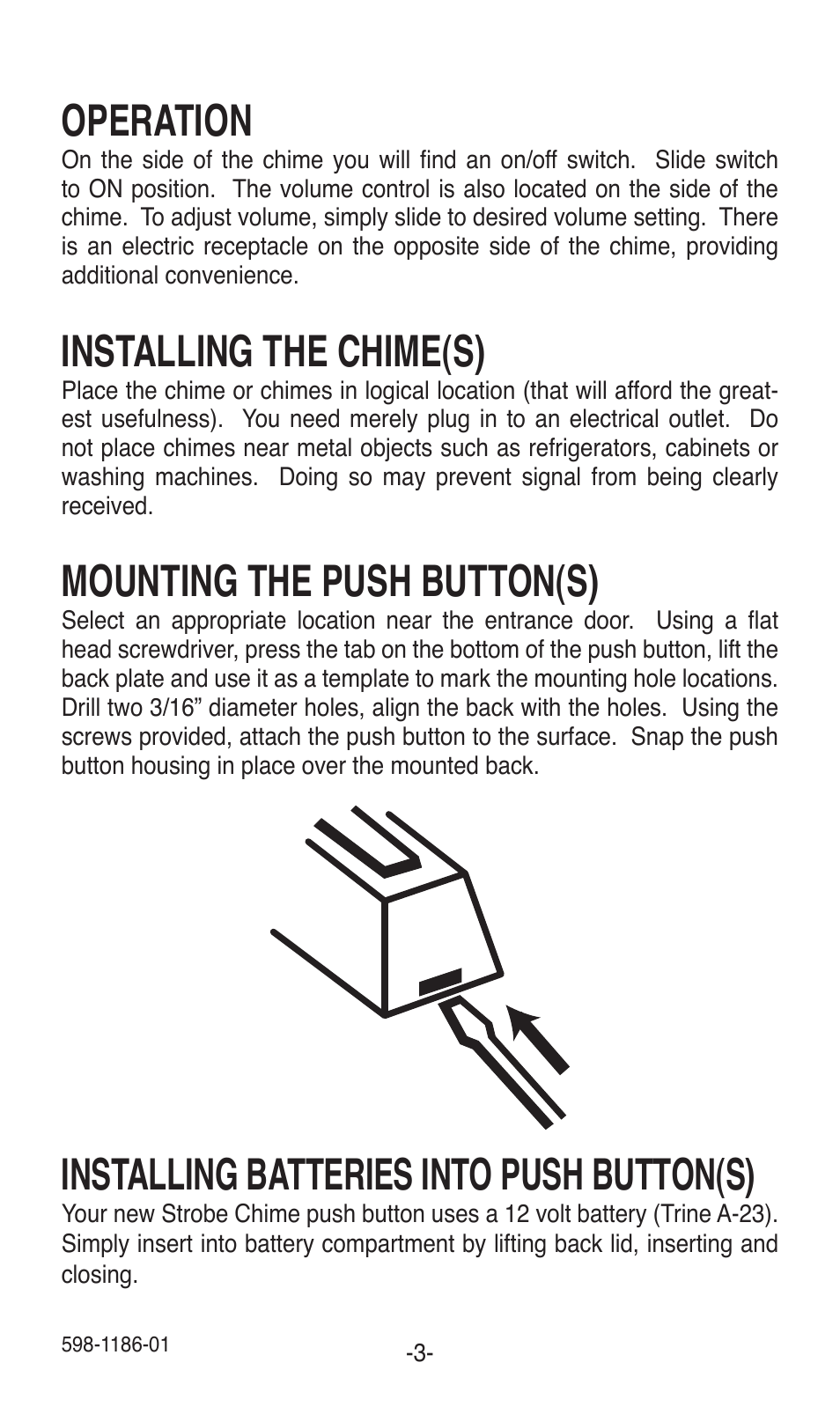 Operation, Installing the chime(s), Mounting the push button(s) | Installing batteries into push button(s) | Desa TRINE 598-1186-01 User Manual | Page 3 / 16