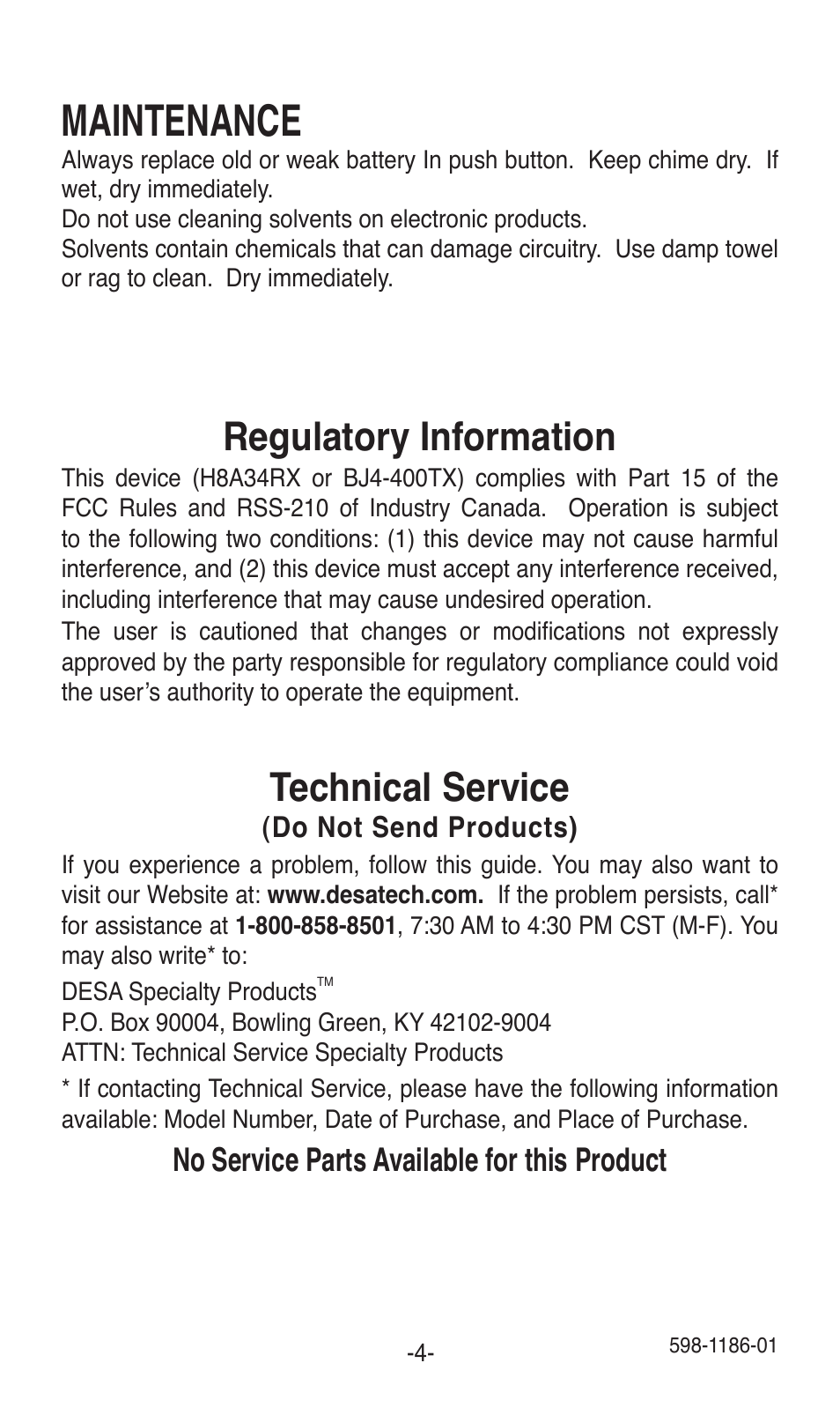 Maintenance, Regulatory information, Technical service | No service parts available for this product | Desa TRINE 598-1186-01 User Manual | Page 4 / 16