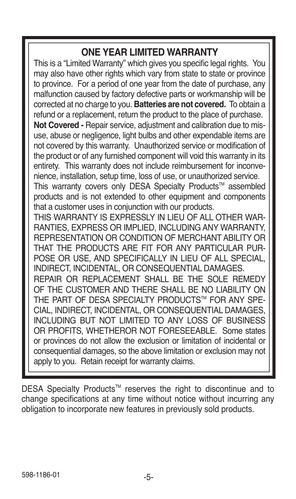 One year limited warranty | Desa TRINE 598-1186-01 User Manual | Page 5 / 16