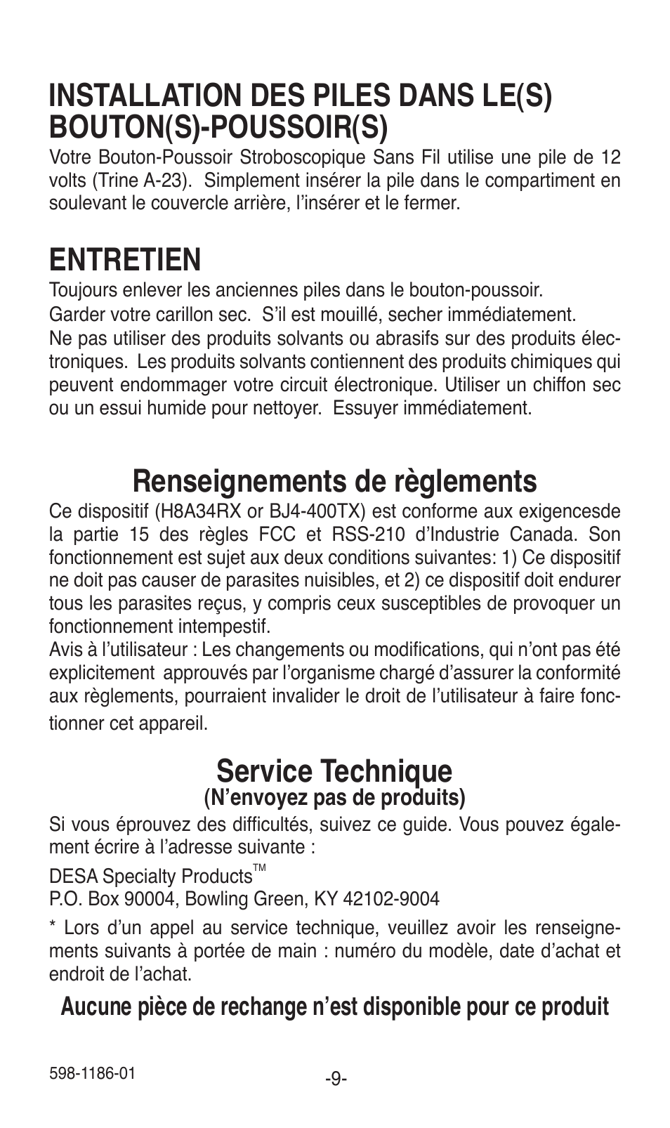 Entretien, Renseignements de règlements, Service technique | Desa TRINE 598-1186-01 User Manual | Page 9 / 16