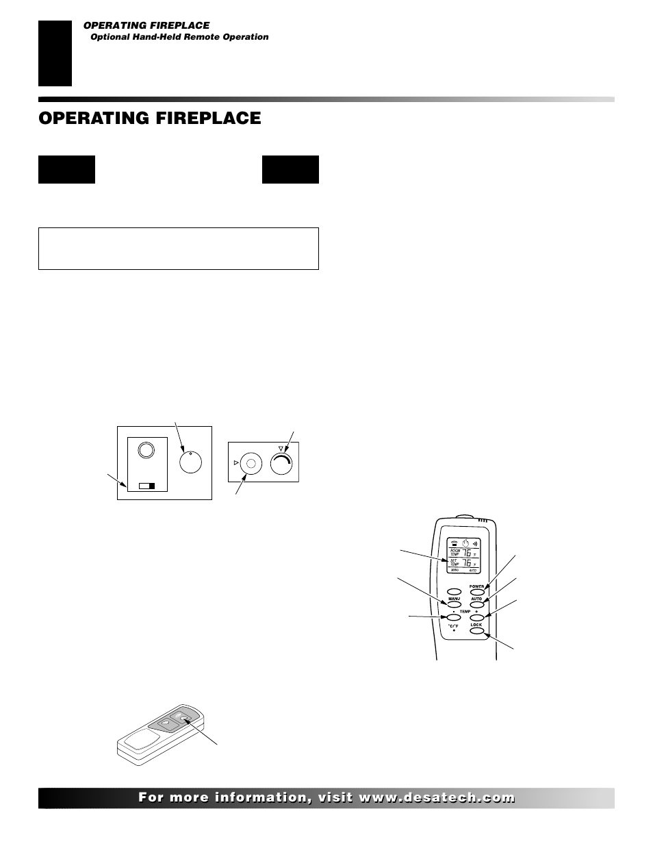 Operating fireplace, Continued, On/off series (models ghrcb and cghrctb) | Thermostat series (models ghrctb and cghrctb), Optional hand-held remote operation, Manual mode, Auto (thermostatic) mode, Safety features | Desa CHDV36NRA User Manual | Page 26 / 40