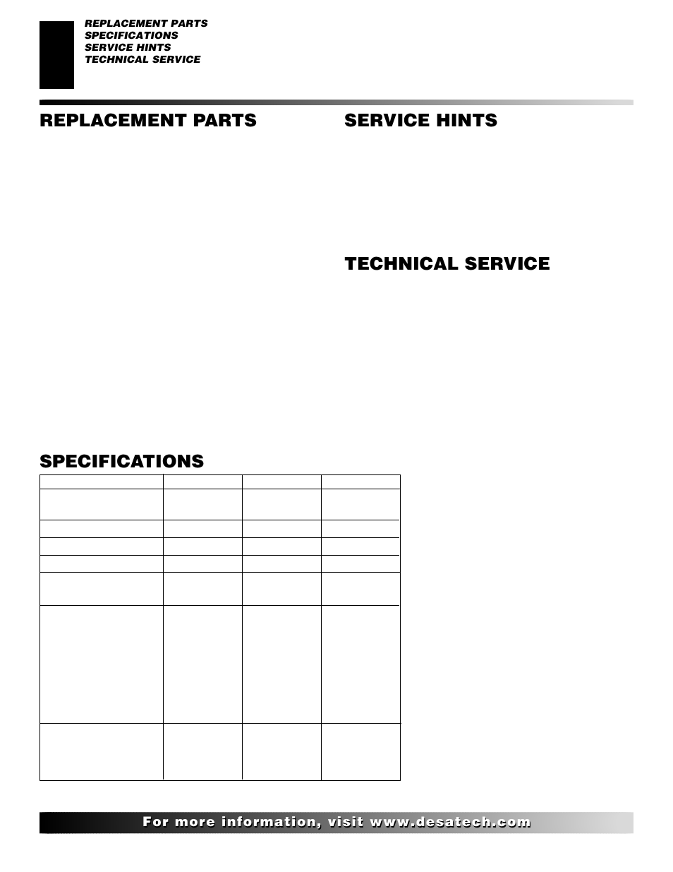 Specifications, Service hints, Technical service | Replacement parts | Desa CHDV36NRA User Manual | Page 36 / 40