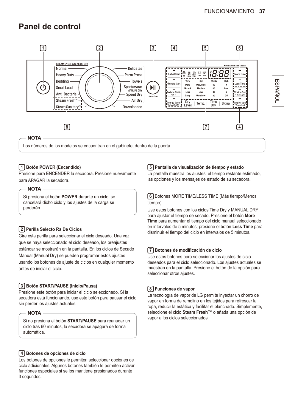 Panel de control, 37 panel de control | LG 27 Inch Electric Smart Dryer Owner Manual User Manual | Page 101 / 128