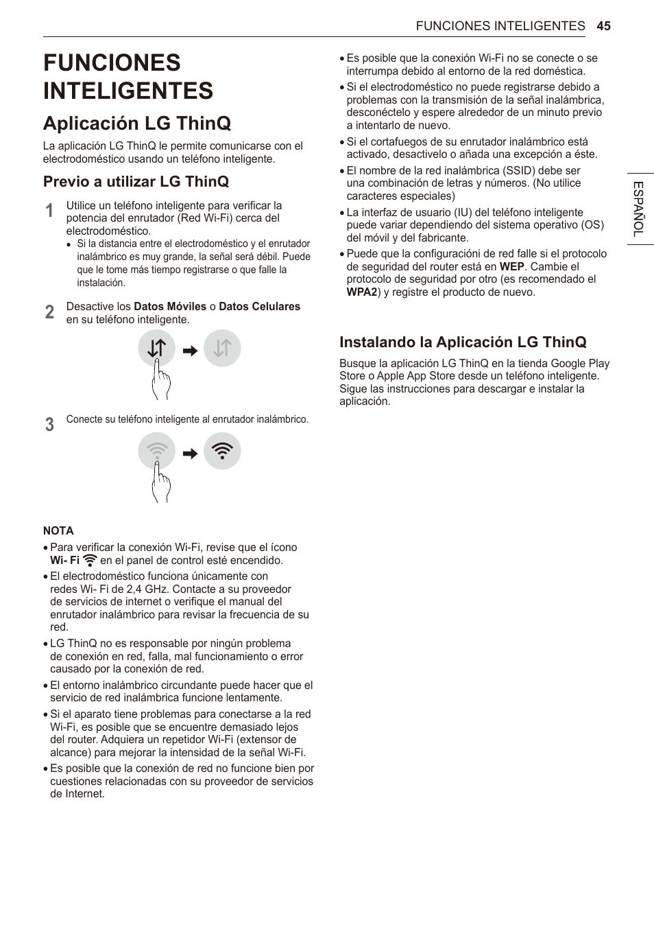 Funciones inteligentes, Tag on (en algunos modelos), Aplicación lg thinq | Previo a utilizar lg thinq, Instalando la aplicación lg thinq | LG 27 Inch Electric Smart Dryer Owner Manual User Manual | Page 109 / 128