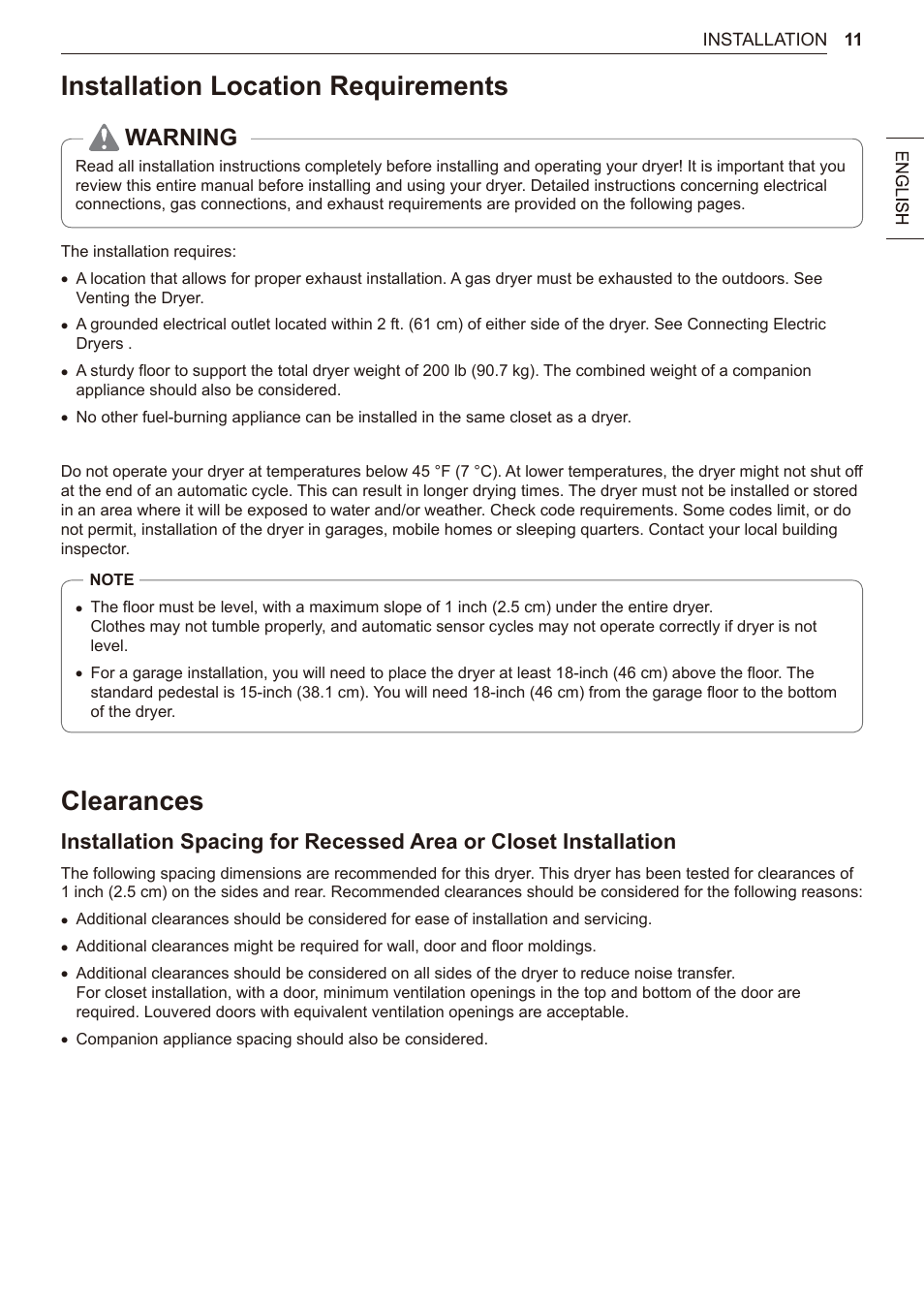 Installation location requirements, Clearances, Warning | LG 27 Inch Electric Smart Dryer Owner Manual User Manual | Page 11 / 128