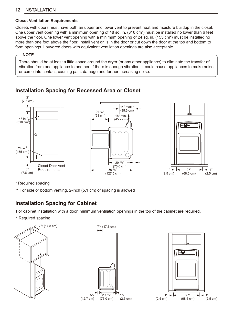 Installation spacing for recessed area or closet, Installation spacing for cabinet, 12 installation | LG 27 Inch Electric Smart Dryer Owner Manual User Manual | Page 12 / 128