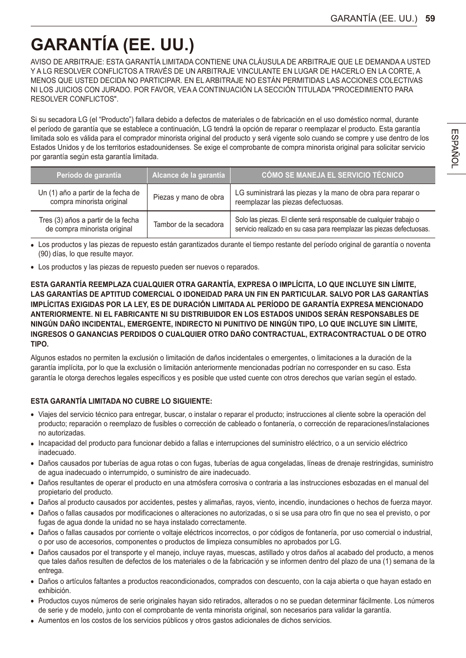 Garantía (ee. uu.) | LG 27 Inch Electric Smart Dryer Owner Manual User Manual | Page 123 / 128